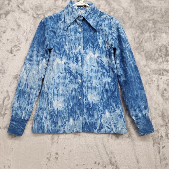 Vintage 70s Tucci Top Womens 7/8 Blue White Corduroy Dagger Collar Long Sleeves - Picture 1 of 13